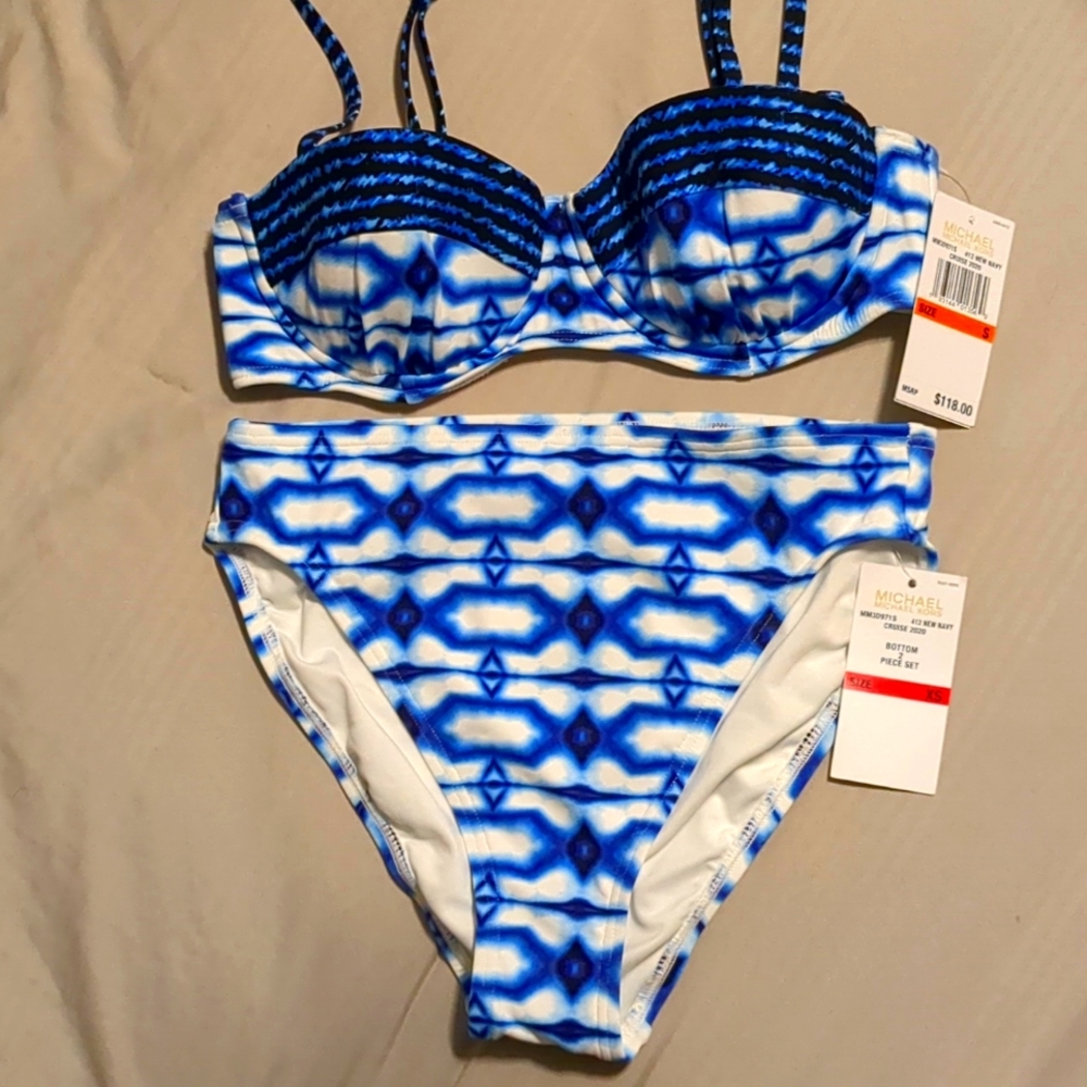Michael Kors Summer Breeze Tile NWT Navy Blue and White Underwire Bikini X-Small
